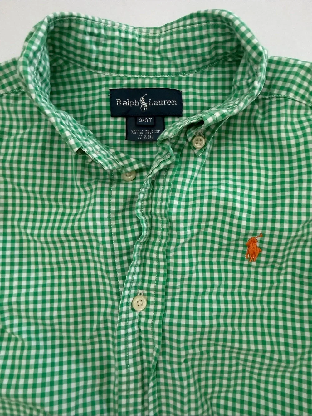 Ralph Lauren Green Gingham Button-Down Shirt with Orange Pony 3t
